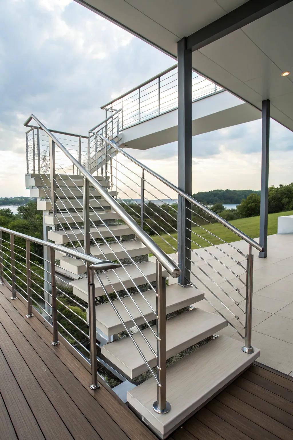 Incorporate a modern element with metal banisters.