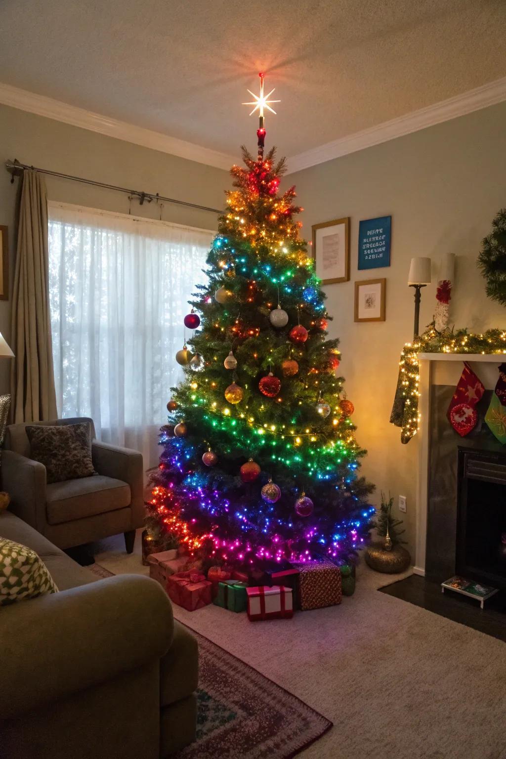 A spectrum-inspired Christmas tree showcasing multi-hued illumination and analogous ornaments.
