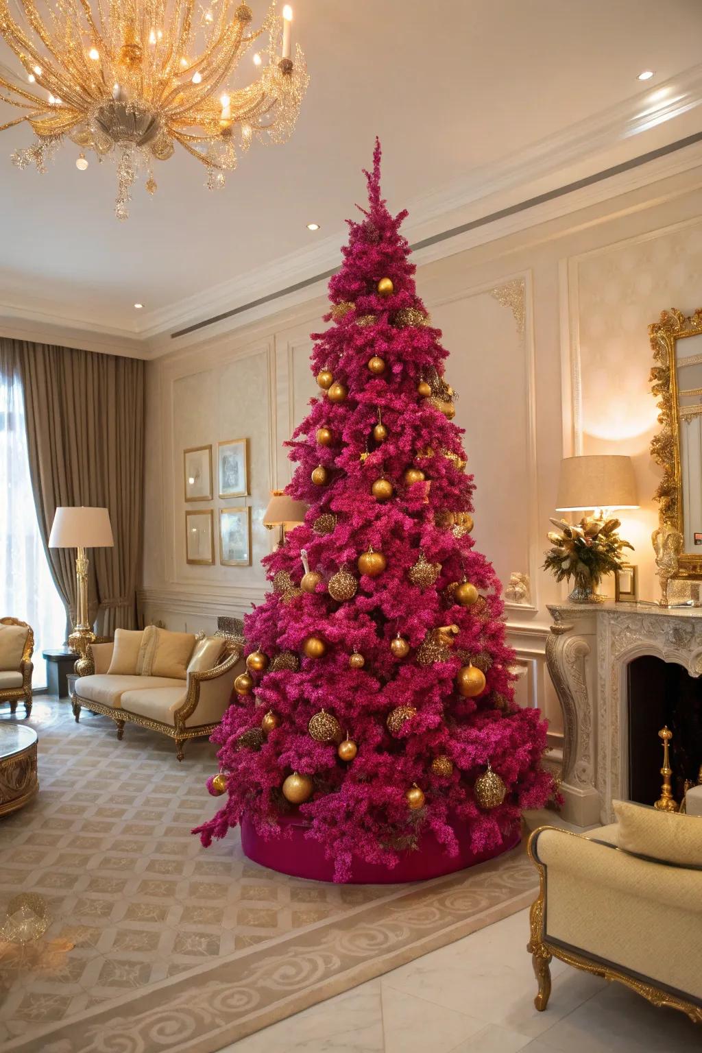 A vibrant magenta tree that gleams with gold accents.