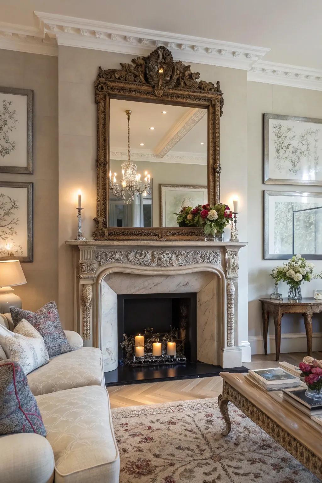An expansive mirror establishes a breathtaking focal point in the living area.
