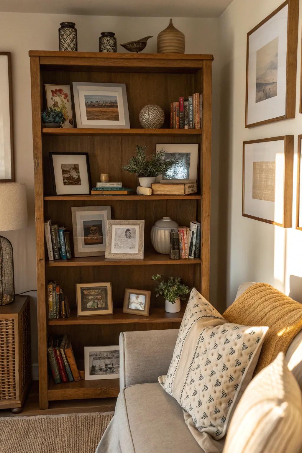 Shelved picture frames infuse a living space with added dimension and undeniable charm.