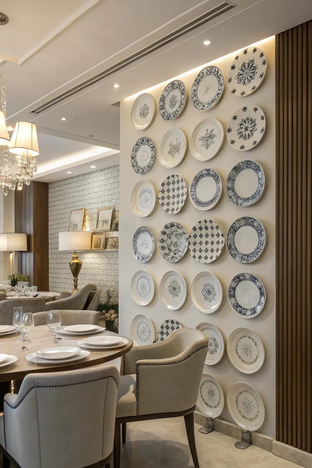 A structured arrangement of plates introduces symmetry and equilibrium to the space.