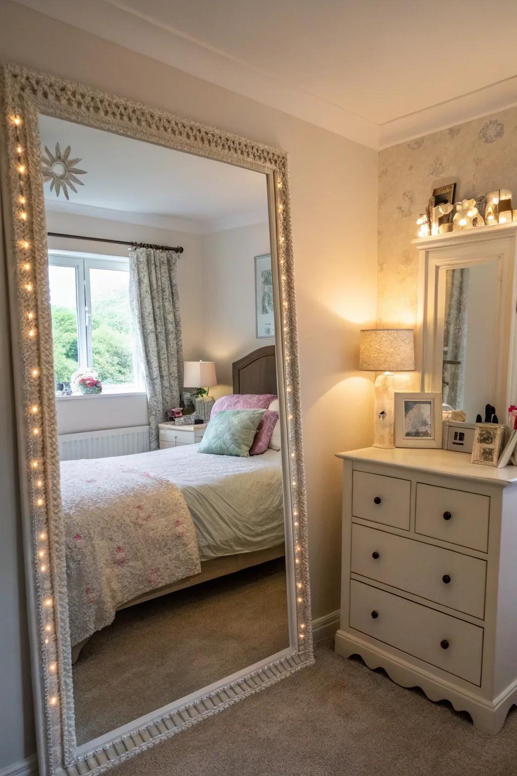 An ornamental mirror brings depth and brightness to a compact bedroom.