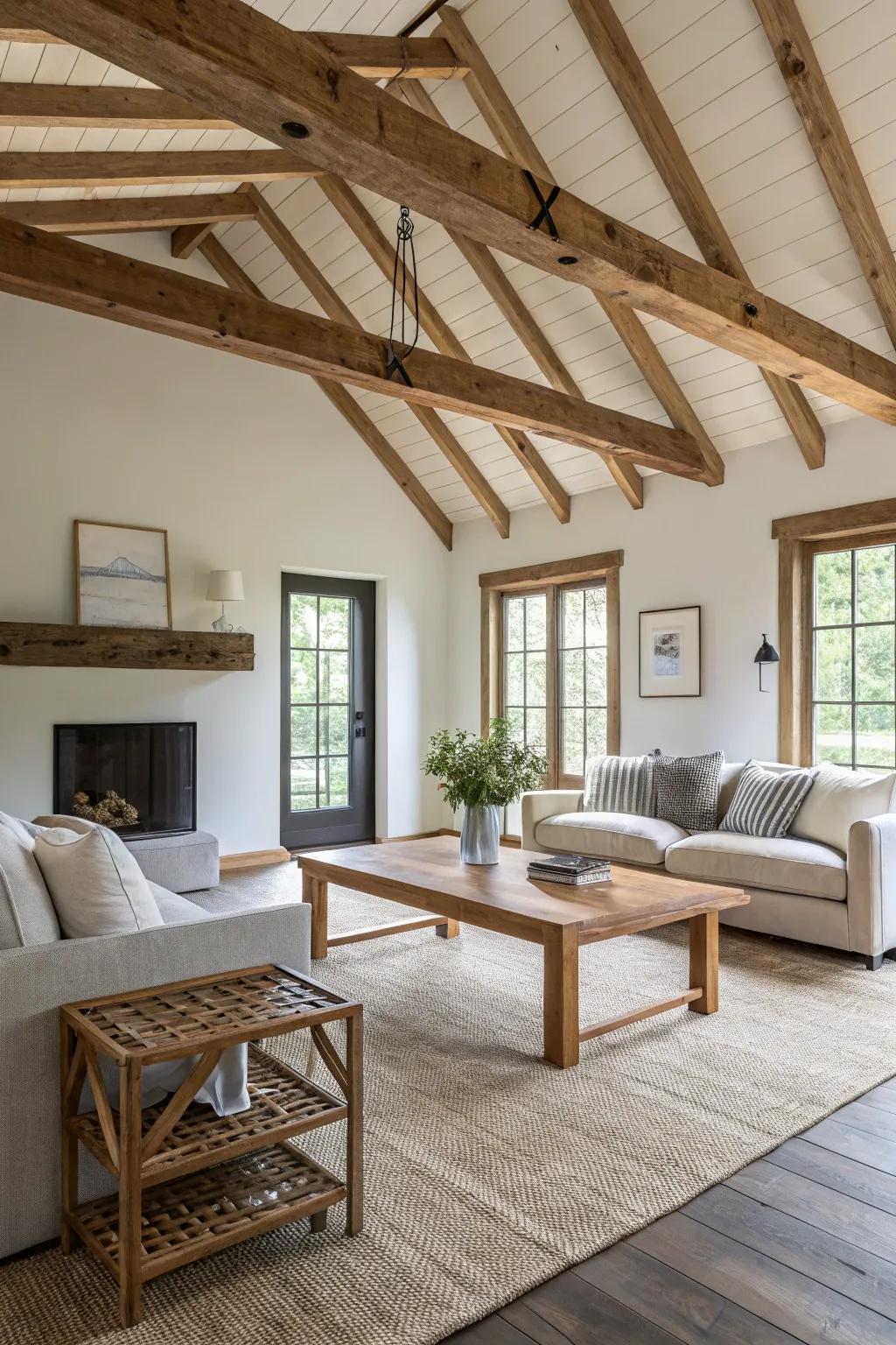 The contemporary farmhouse style is all about mixing classic beams with sleek décor.