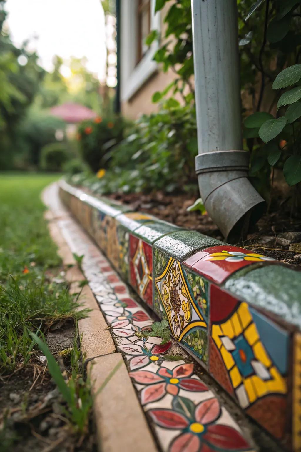 Mosaic squares inject a vibrant spark to your downspout vicinity.