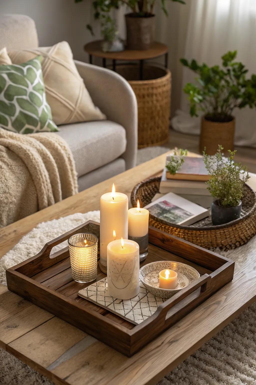 Candlelight gives a sense of warmth and allure to a coffee table serving board.