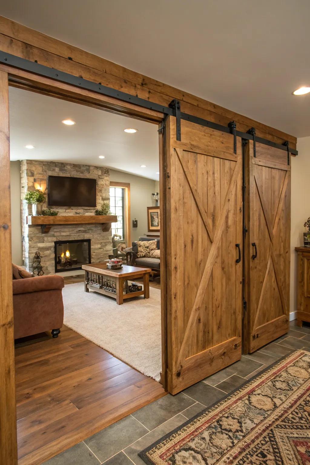 Barn doors are functional and evoke farmhouse aesthetics.