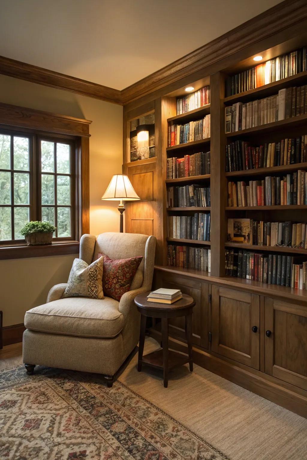 A cozy den featuring a wall of books and a nook for reading.