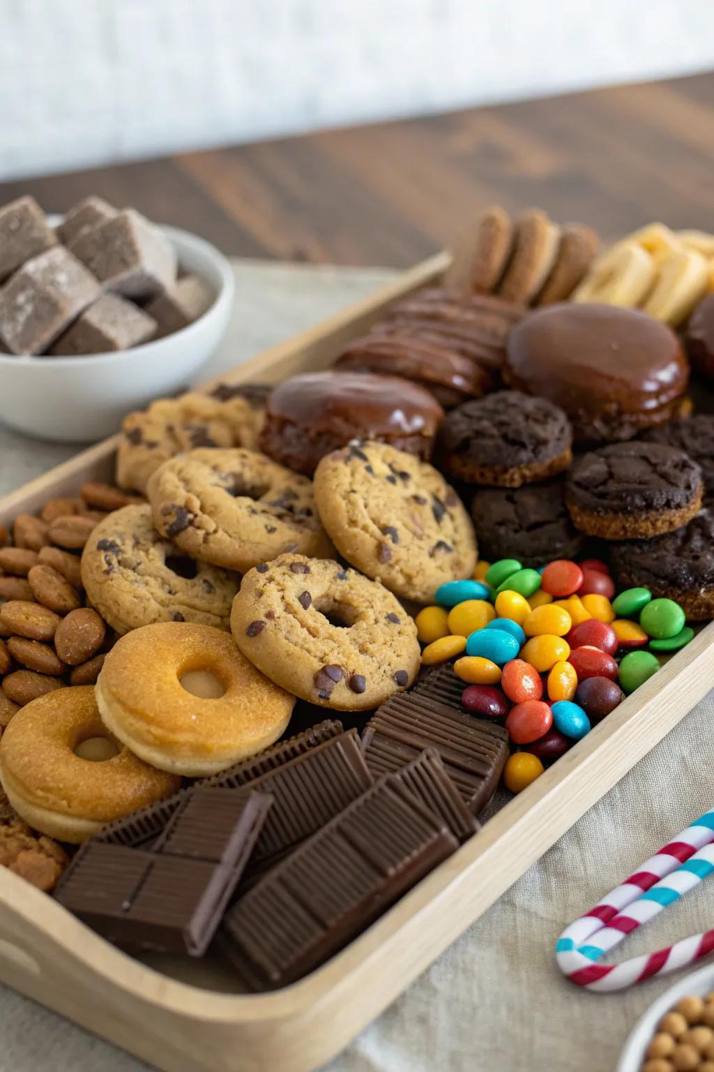 A dessert arrangement showcasing assorted biscuits, fried dough treats, and confectionery in natural tones.