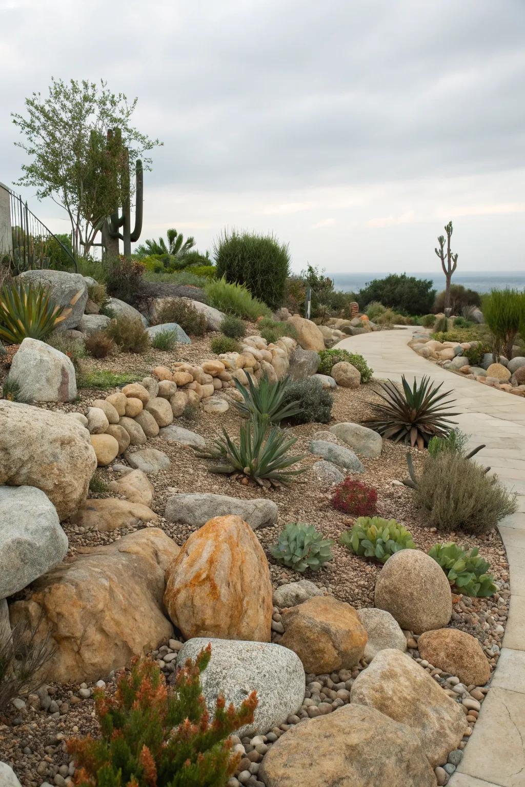 An artistically arranged stone garden that integrates flawlessly with its arid backdrop.