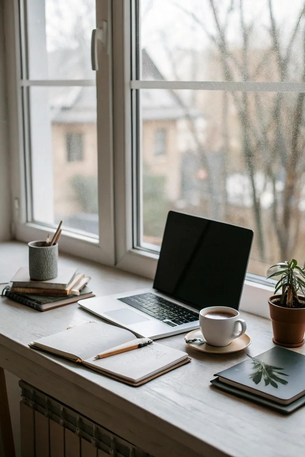 A minimalist desk arrangement maintains a tidy and distraction-free workspace.