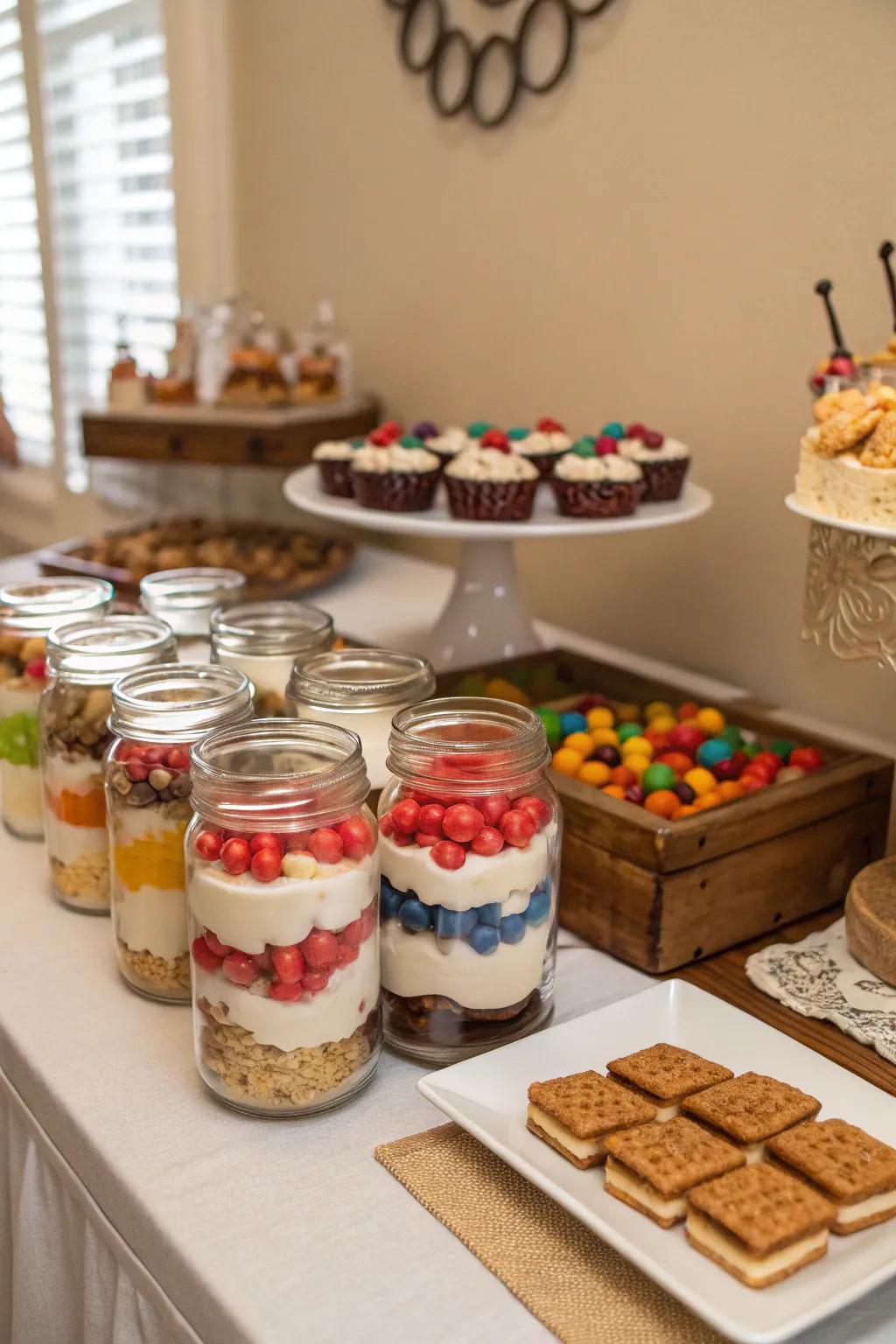 Preserving jars add a rustic charm to dessert offerings.