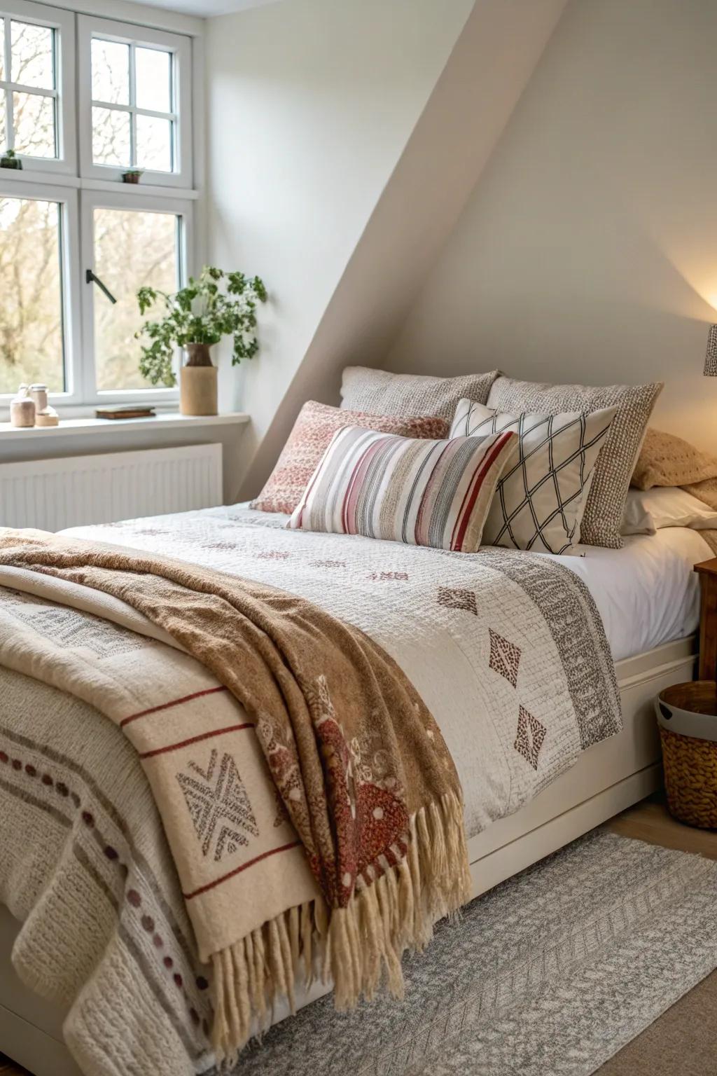Layered textiles introduce warmth and relaxation to a bed at an angle.