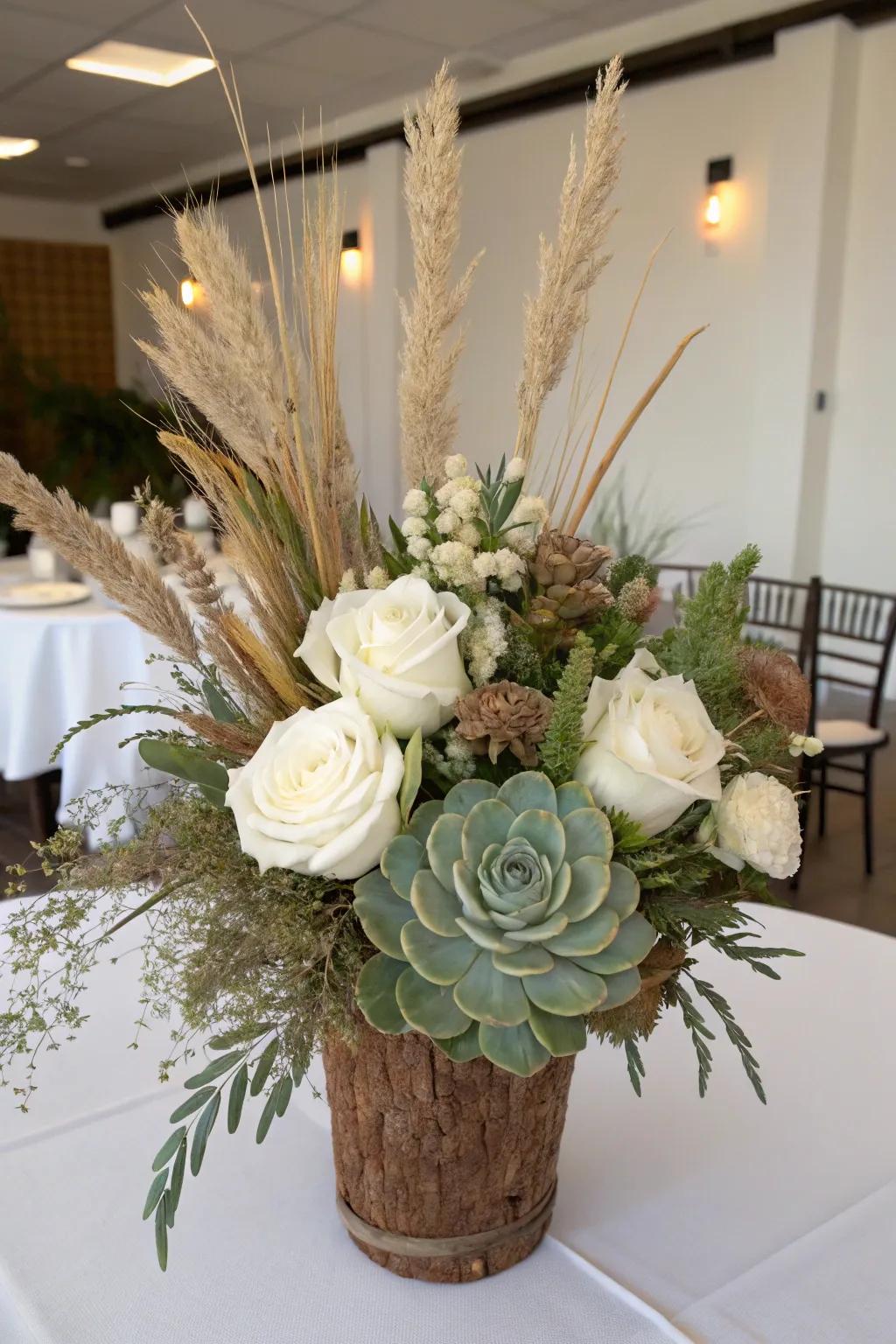 A fresh take on floral centerpieces with added texture.