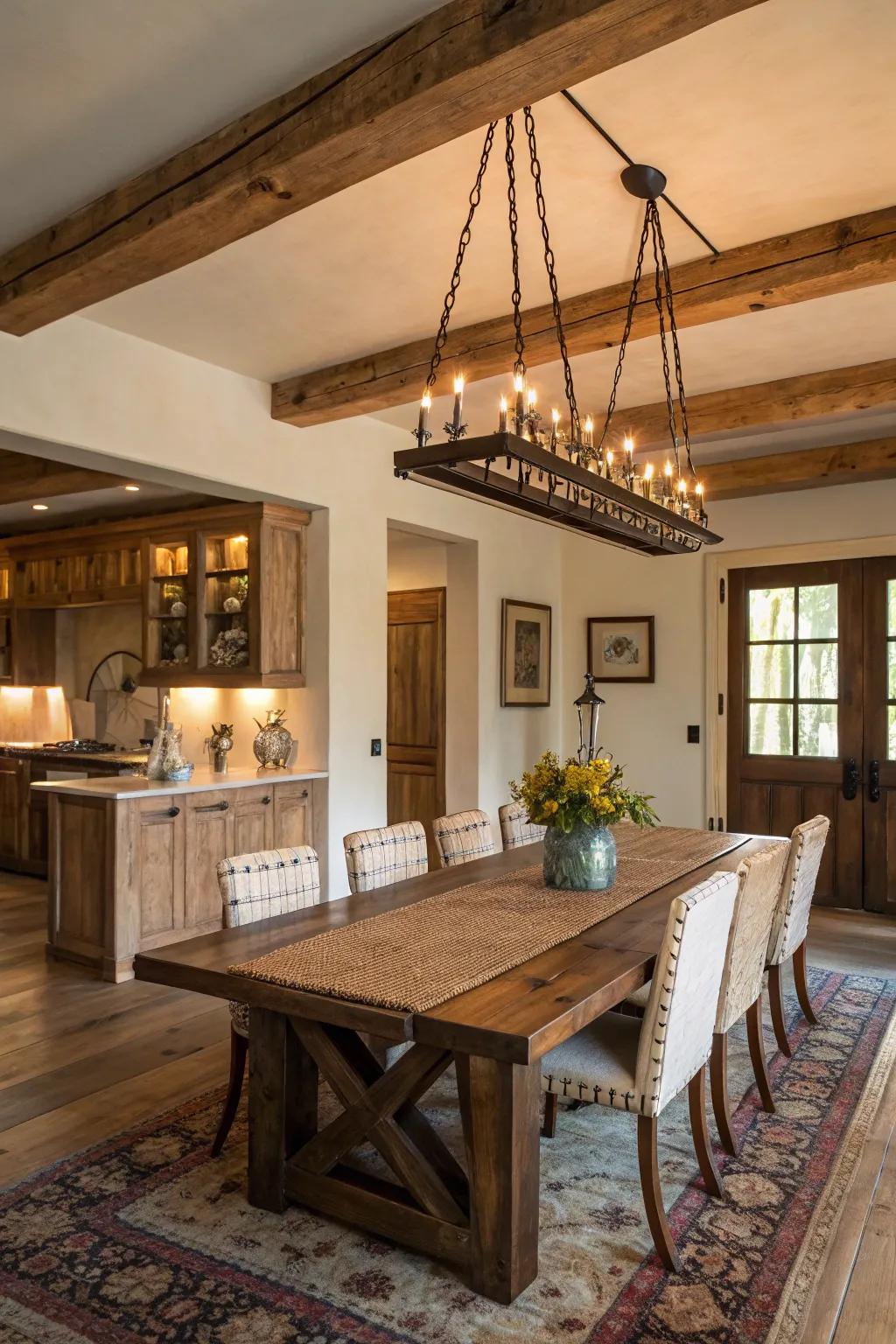 A hint of rustic charm with a wooden beam chandelier.
