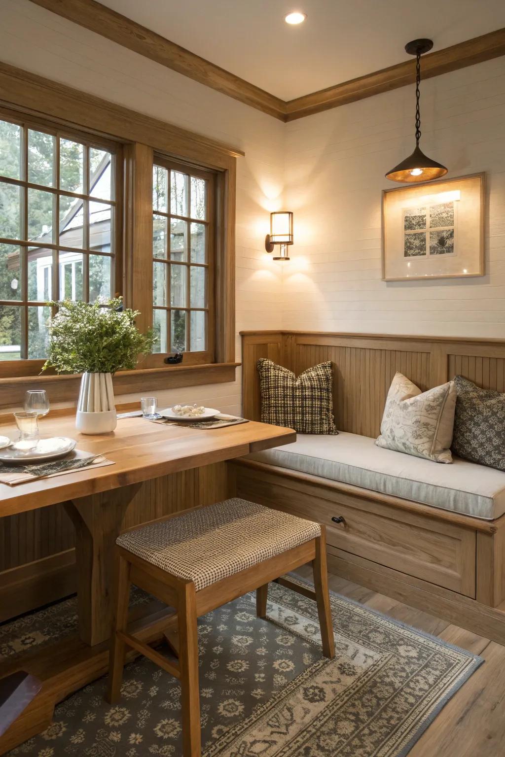 Space-maximizing in-wall seating transforms corners into welcoming dining areas.