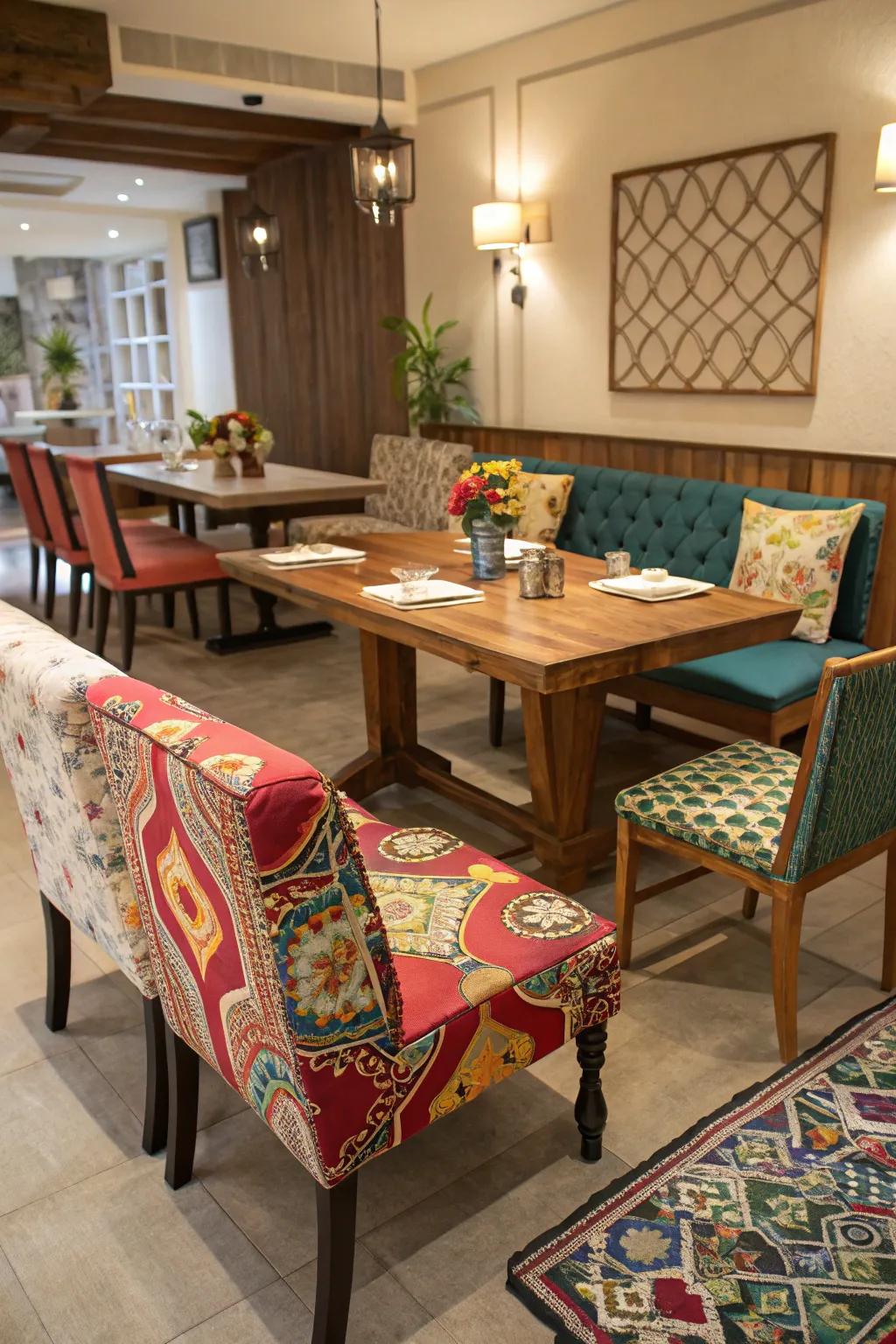 Varied seating options create an inviting and lively dining ambiance.