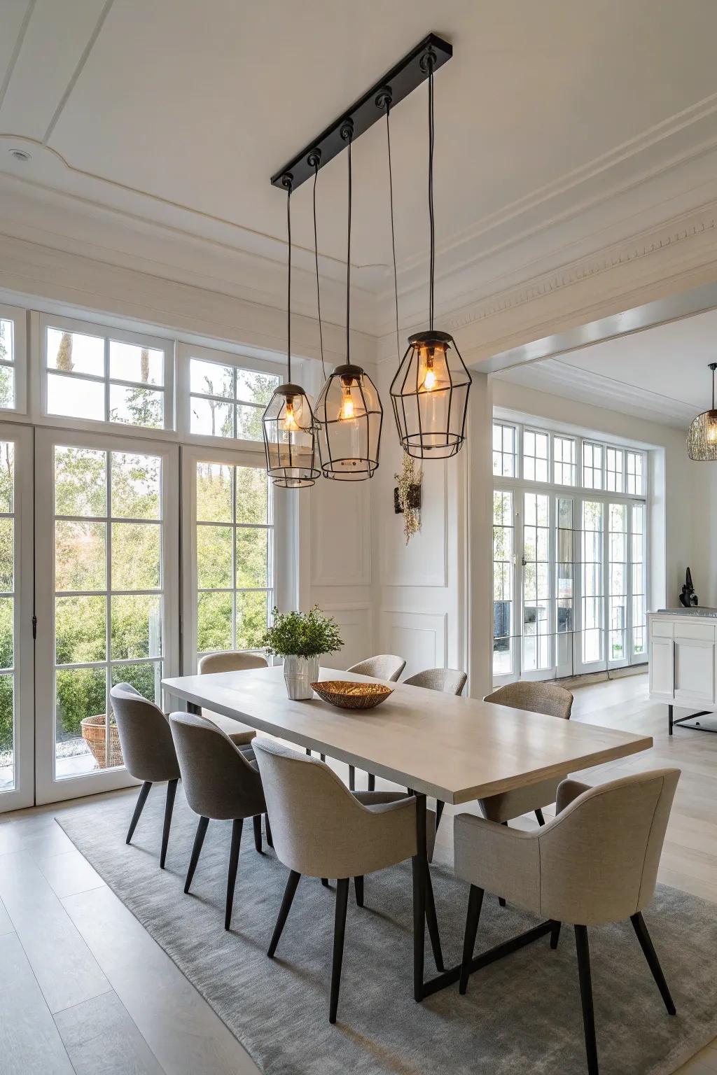 The modern vibe of this dining space is enhanced by a line of pendant lights.