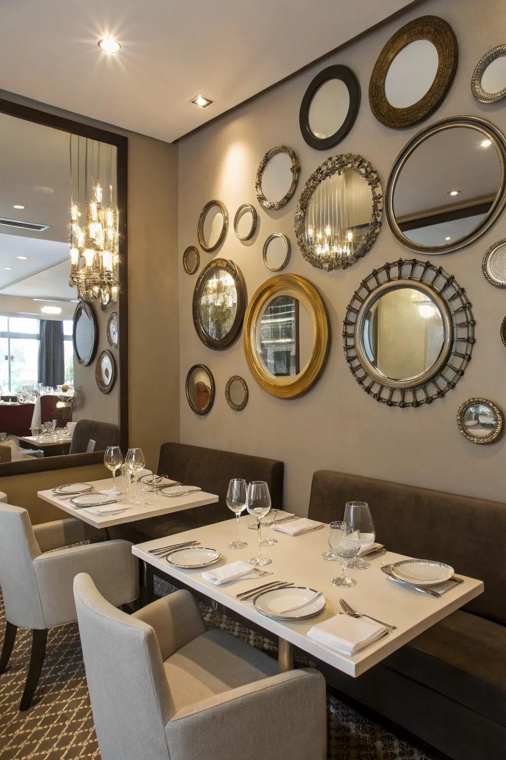 A mirror accent wall adds artistic beauty to your dining room.