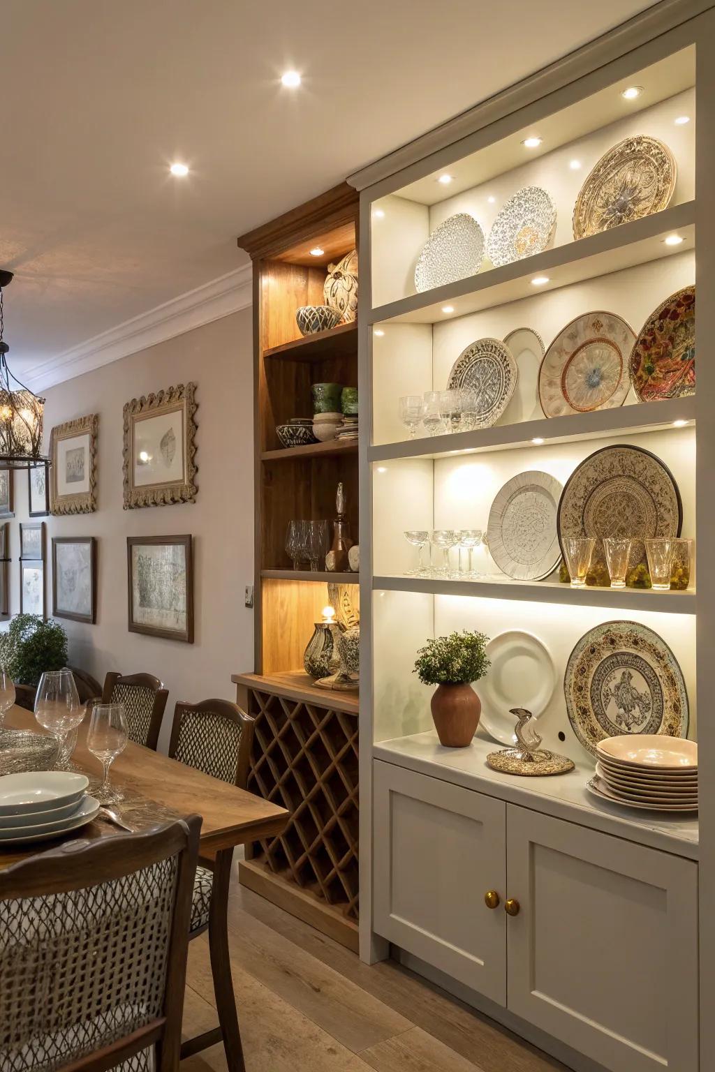 Open shelving offers both accessibility and a chance to display your favorite dining essentials.