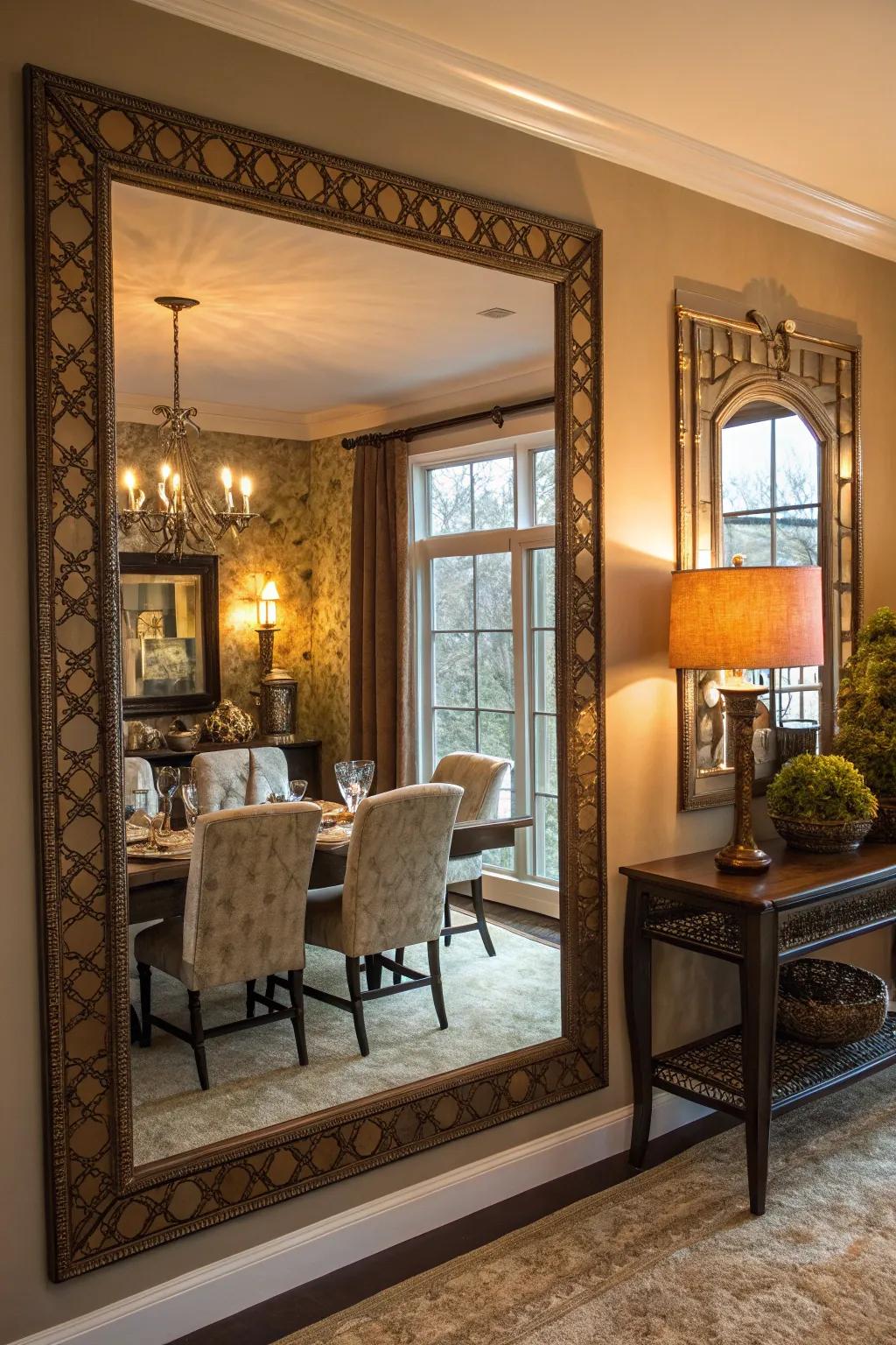 A pretty mirror makes the dining room brighter and more spacious.