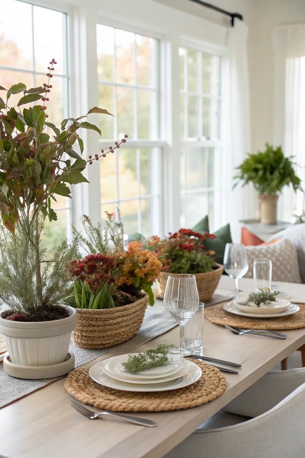 A dining table enhanced with serene potted greenery and seasonal foliage.
