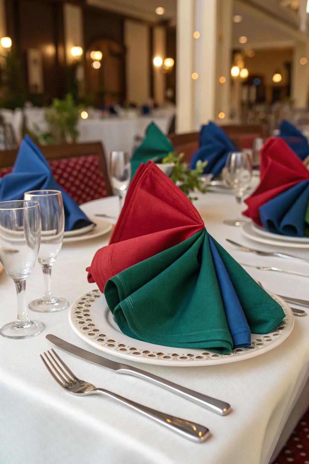 Bright textiles introducing a colorful spark to an elegant table arrangement.
