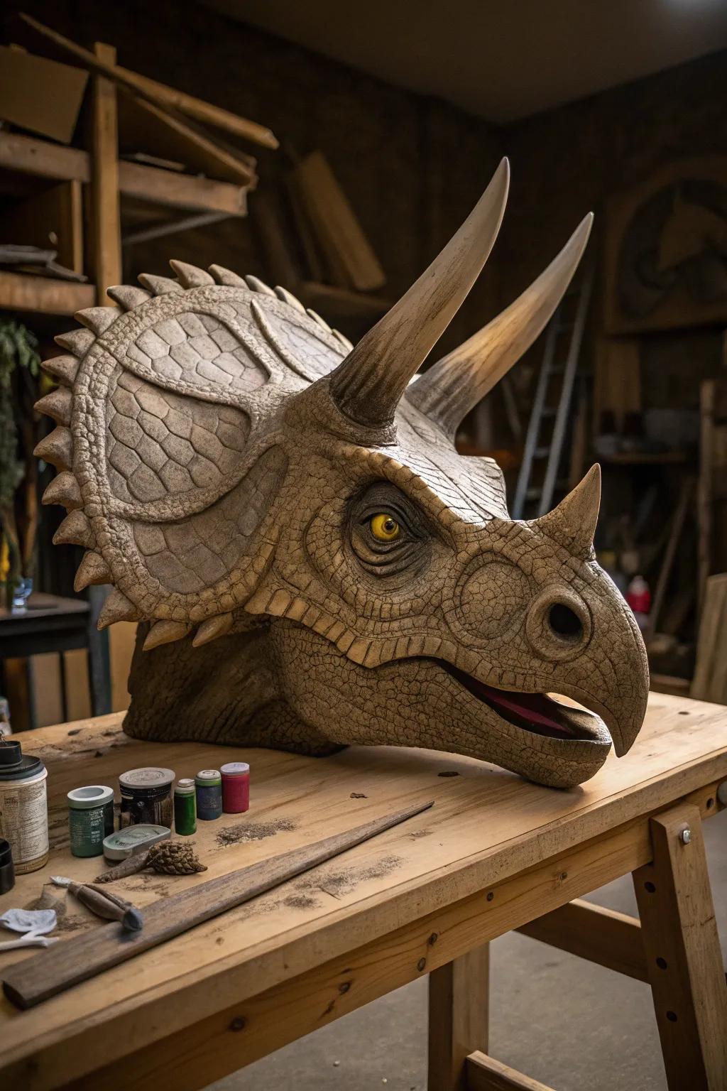 Let your imagination soar with this dragon-horned dino mask—a testament to creativity and fantasy.