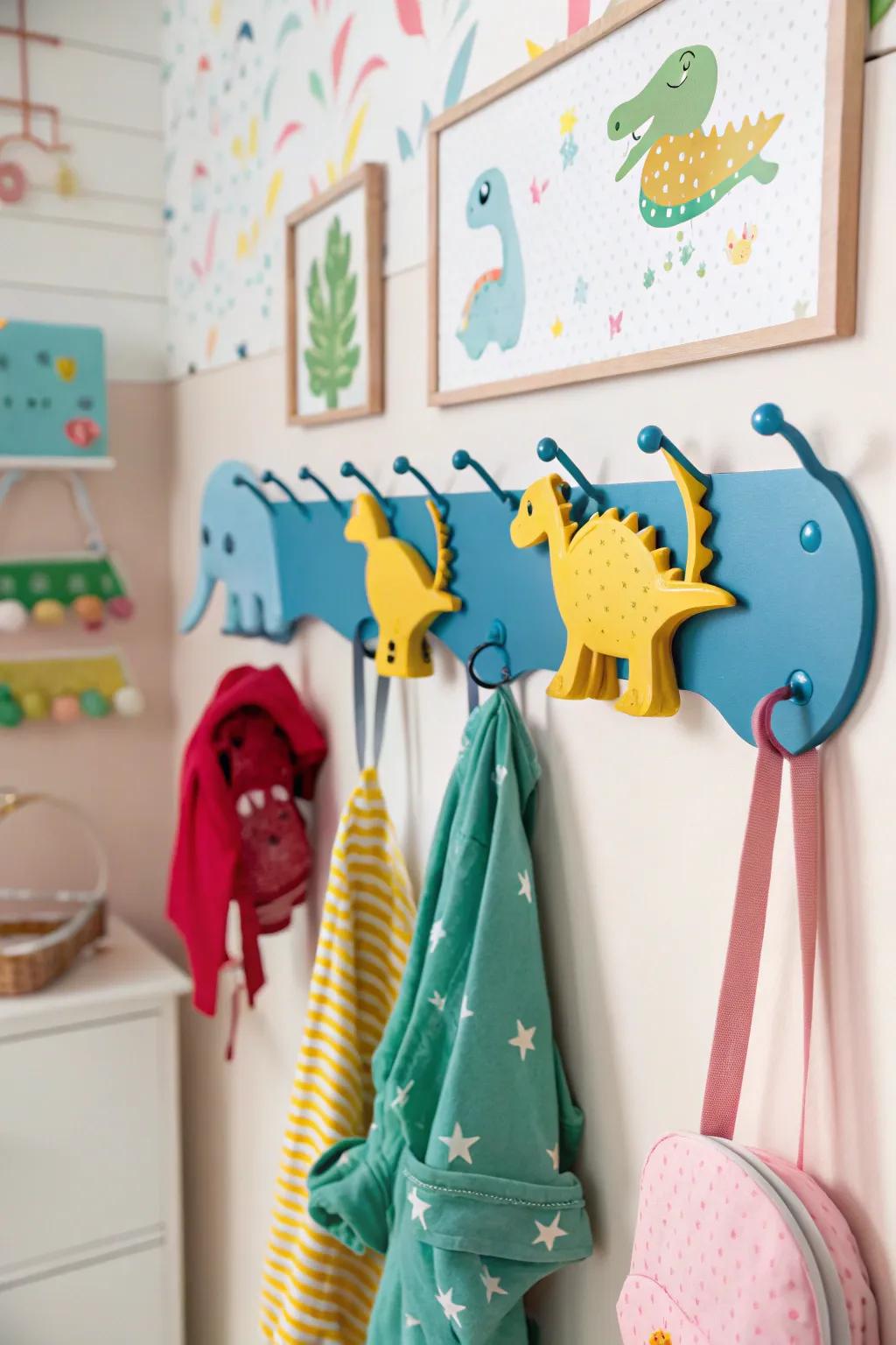 Wall hooks in dinosaur shapes incorporating allure and utility.