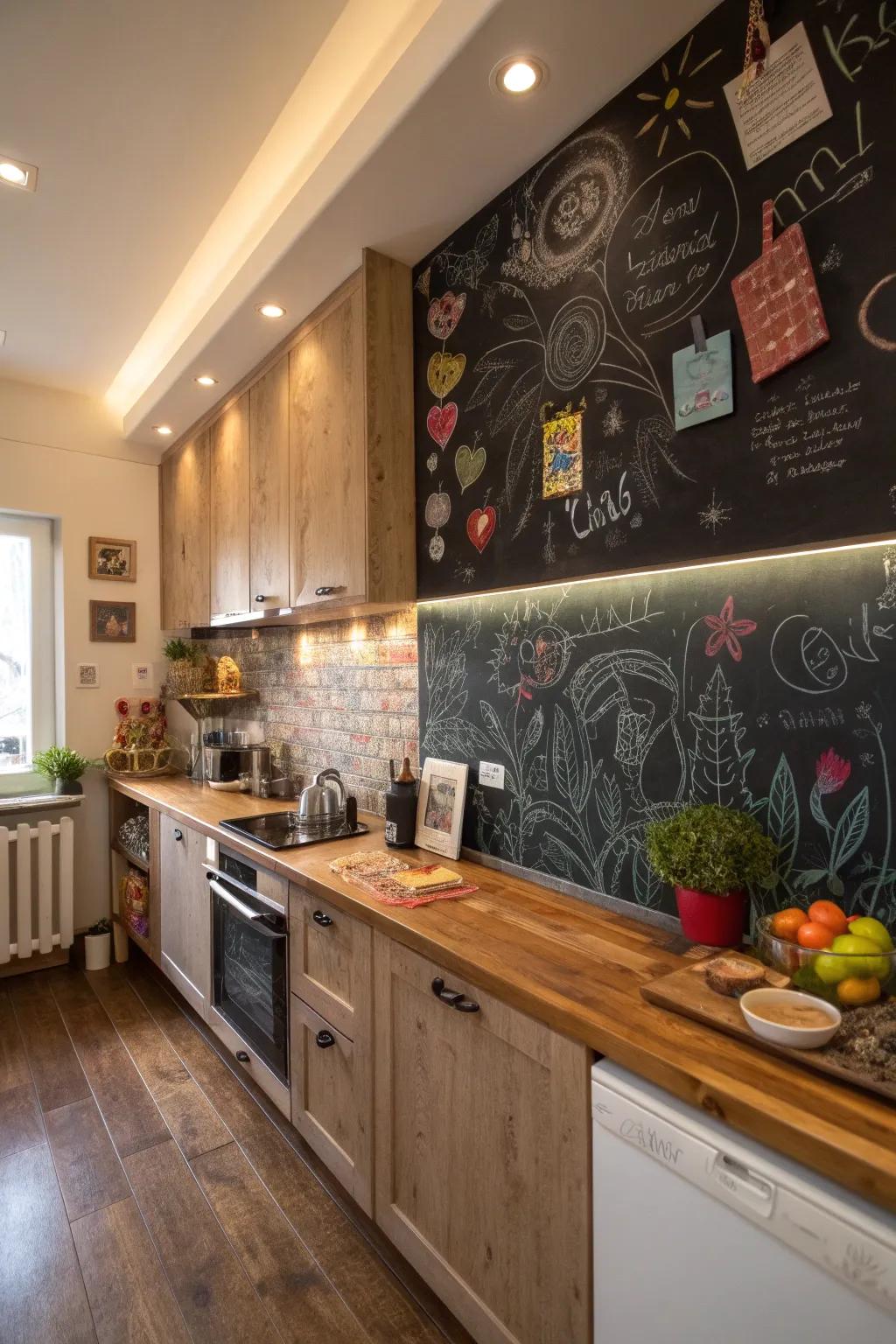 A blackboard backsplash introduces a playful and interactive dimension to your kitchen.