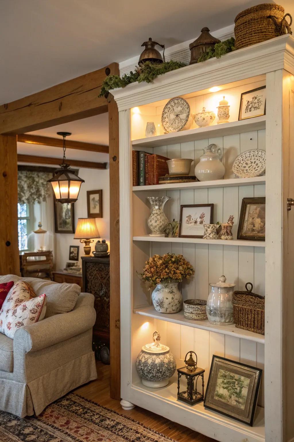 Open shelves beautifully arranged with vintage treasures and seasonal touches.