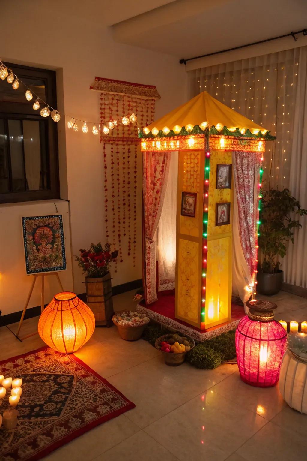 Traditional orbs spilling a cozy radiance across the Diwali snapshot setting.
