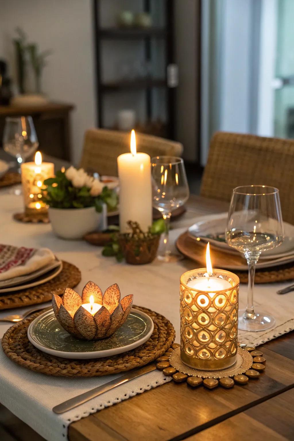 Illuminations and clay lamps fashion a snug and inviting shimmer on the Diwali dinner table.