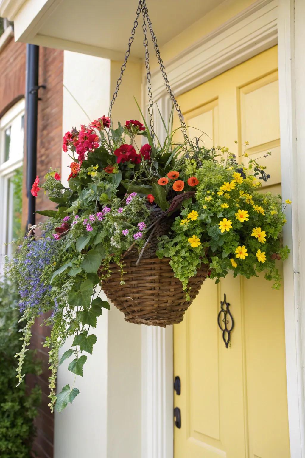 Seasonal hanging baskets bring vibrant life to any door.