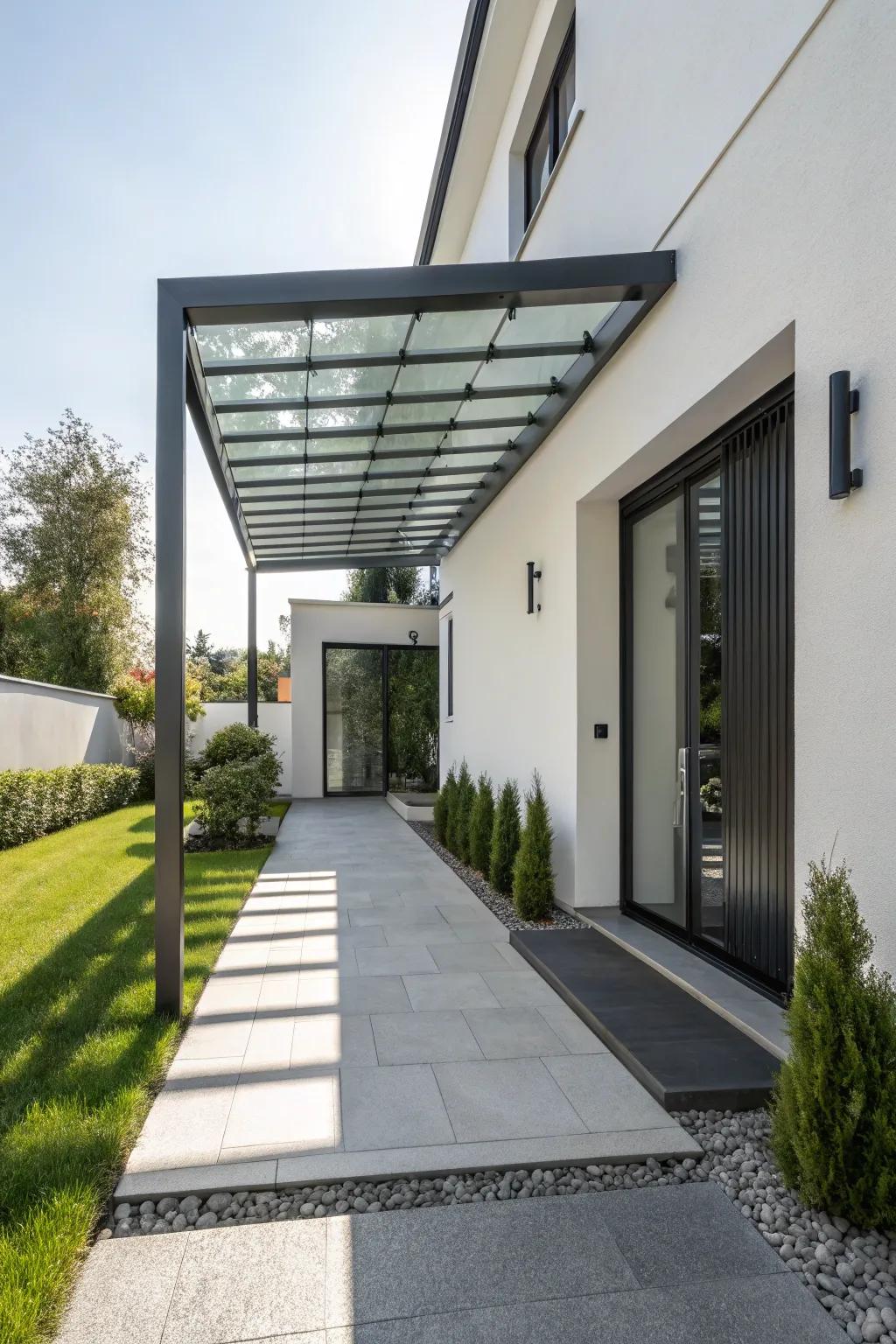 A modern home's entry featuring a smooth metal shield.