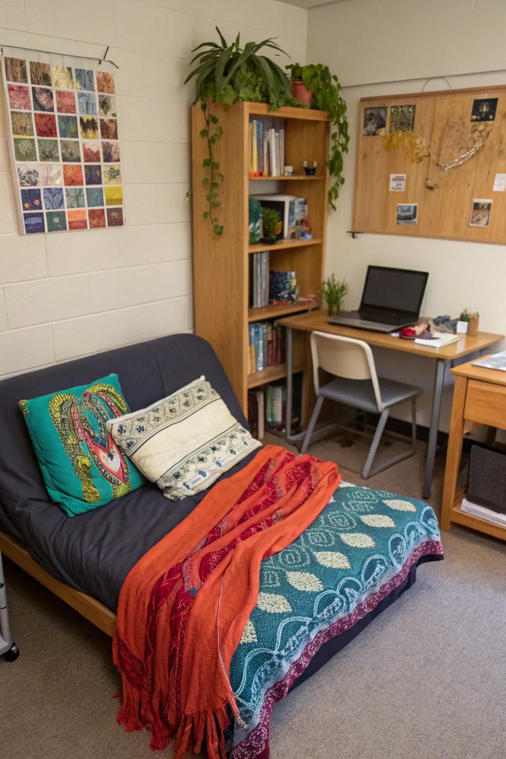 A convertible futon, ideally suited for both seating and sleeping in compact dorm rooms.
