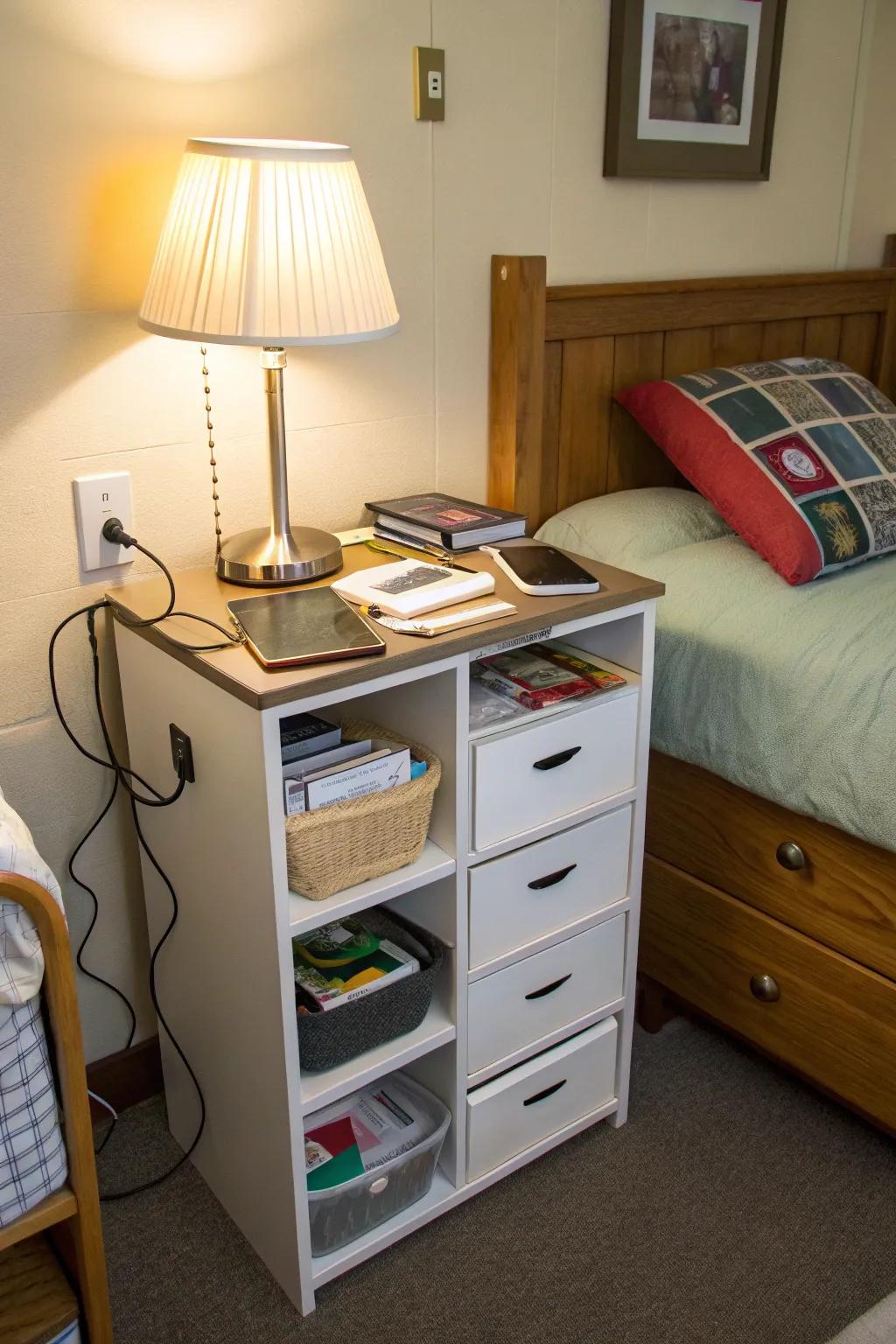 A multipurpose nightstand offers hidden storage in an elegant design.