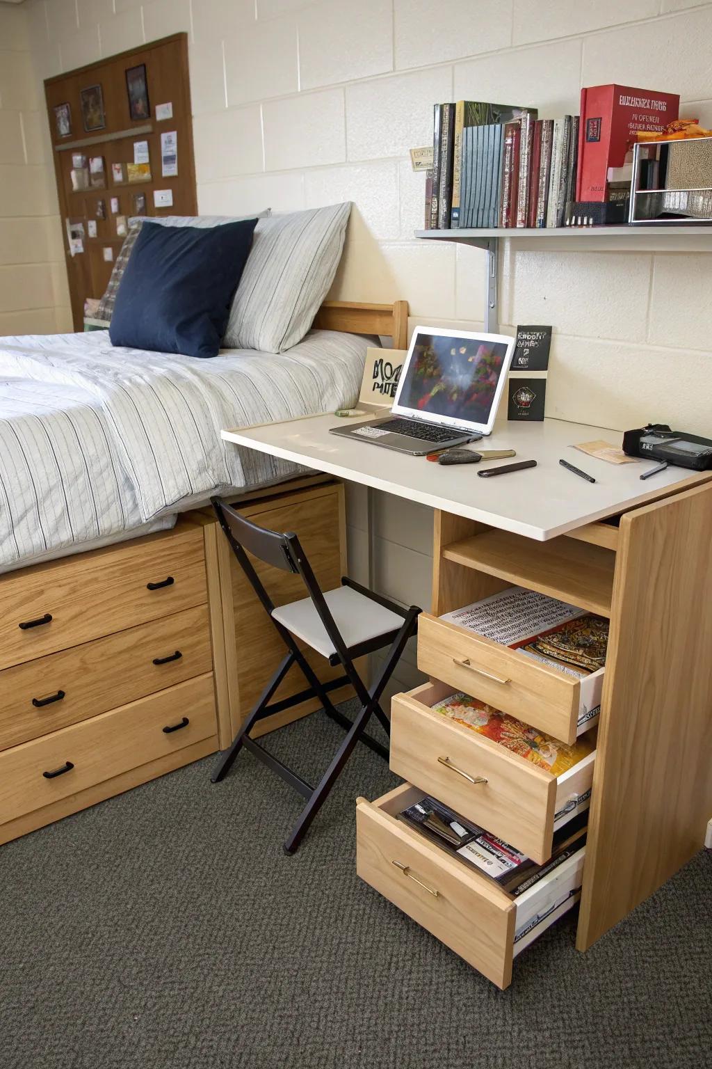 Furniture with various uses is crucial for a clever dorm arrangement.
