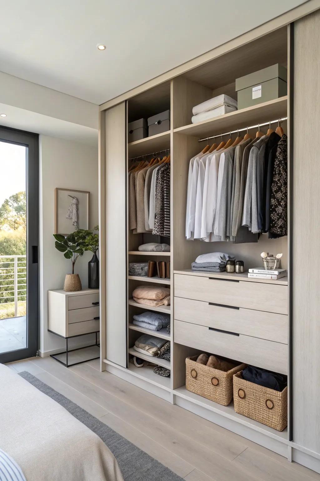 Incorporated drawers within a double closet provide refined storage for compact items.