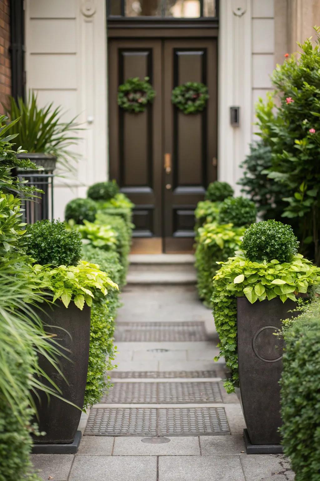 Create perfect harmony with chic jardinières that frame your entrance.