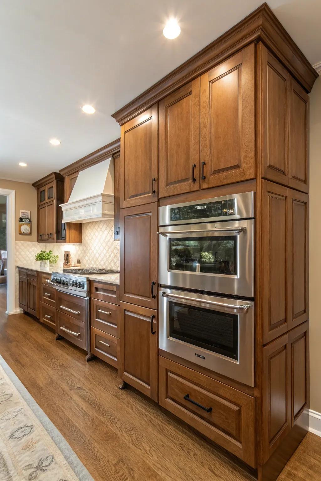A cleverly angled tandem oven cabinet transforms a mundane corner into a captivating highlight.
