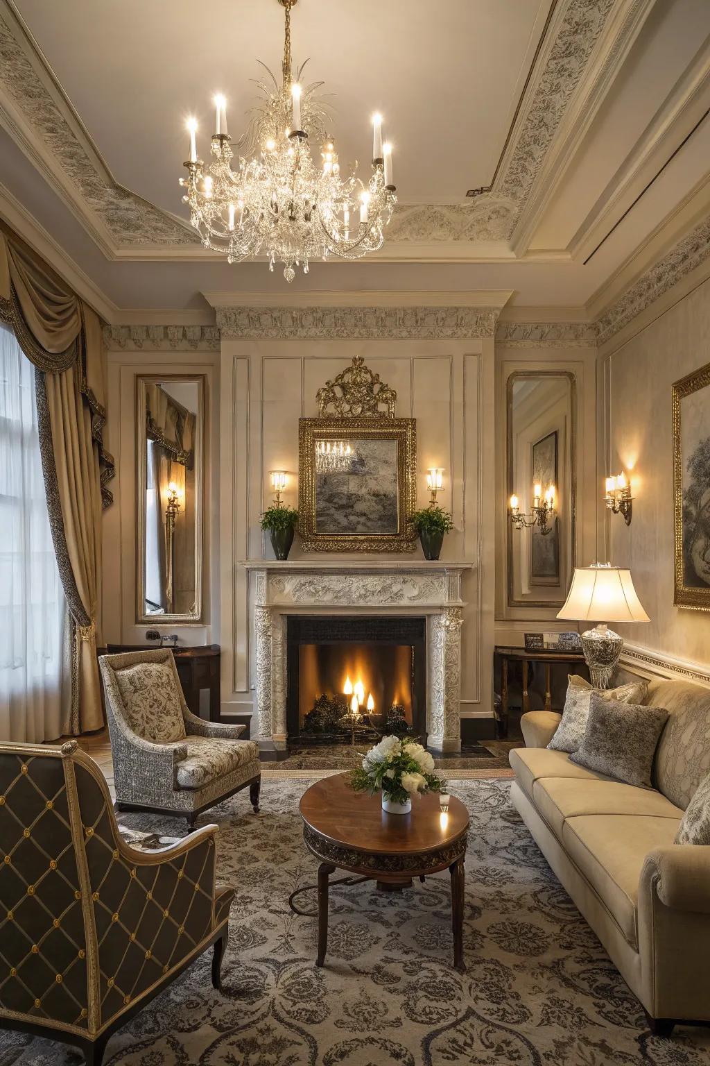 The fireplace functions as a main gathering spot, providing warmth and charm.