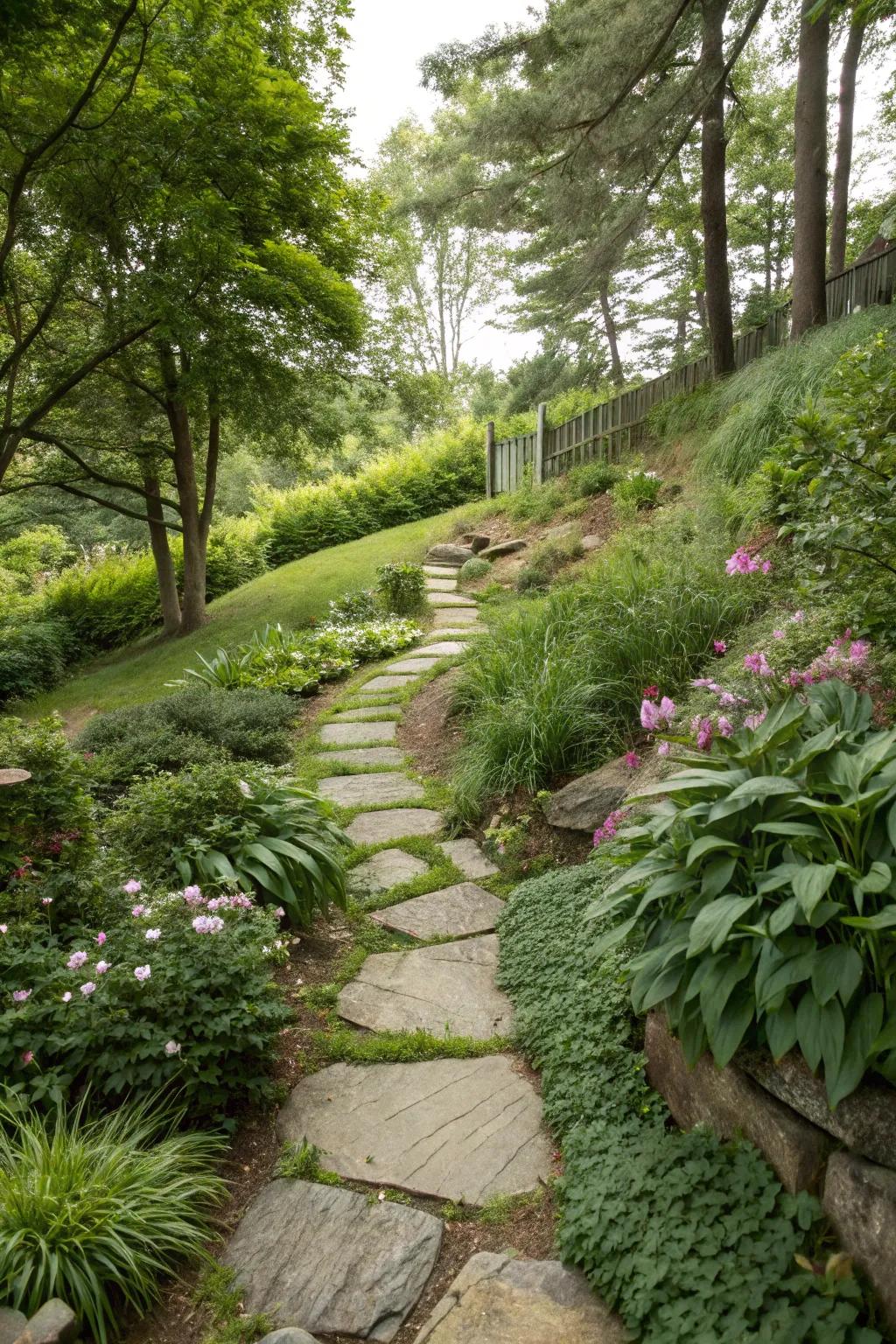 Gravel walkways offer both functionality and countryside charm to a sloping garden.
