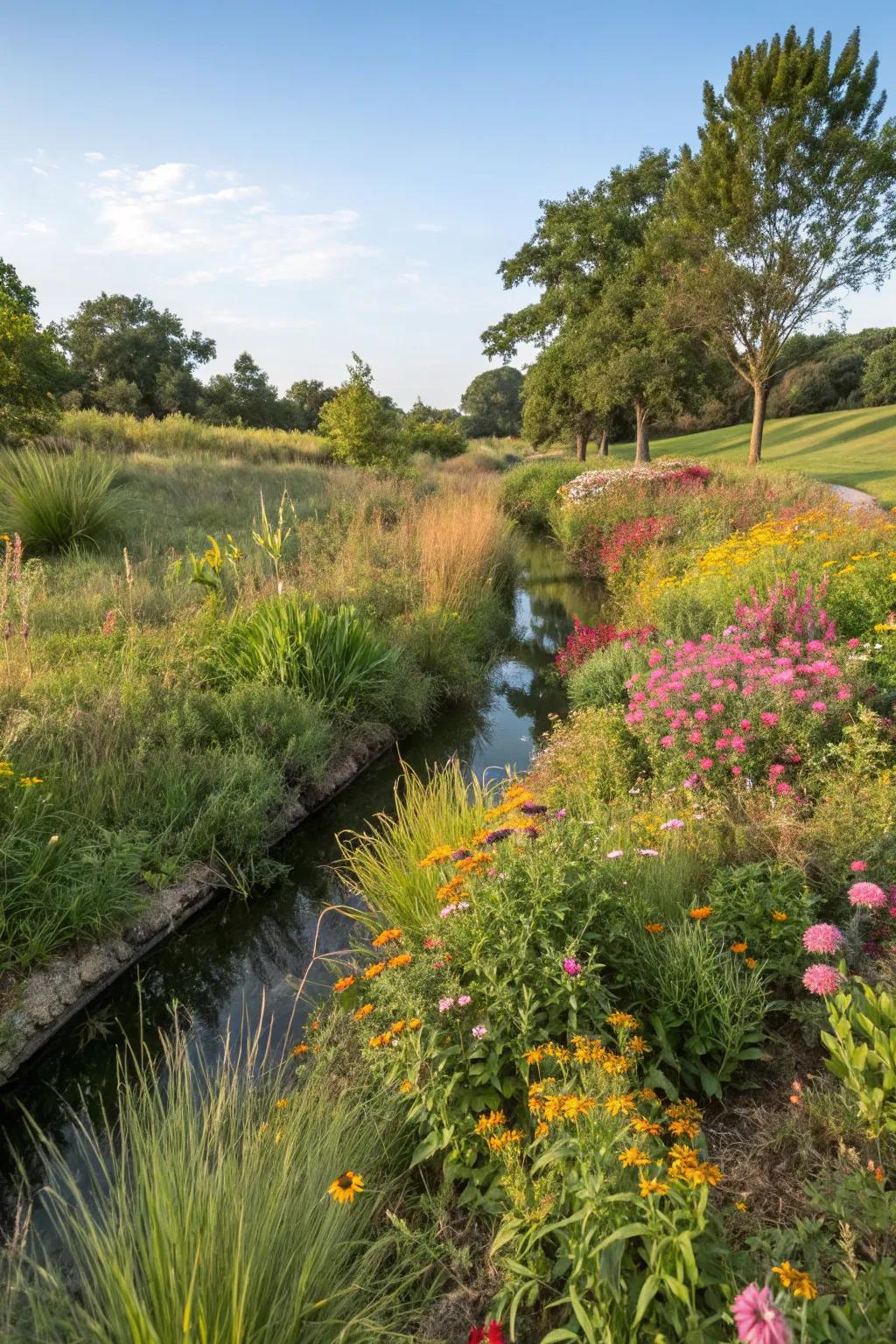 Abundant vegetation injects animation and constancy into a drainage channel.