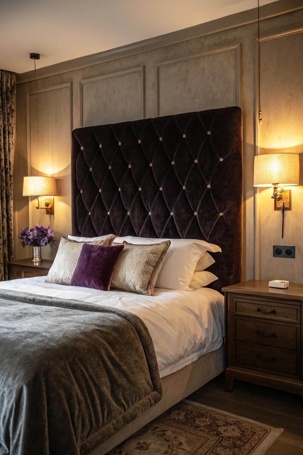 A velvet headboard imparts a hint of luxury and coziness to your bedroom.