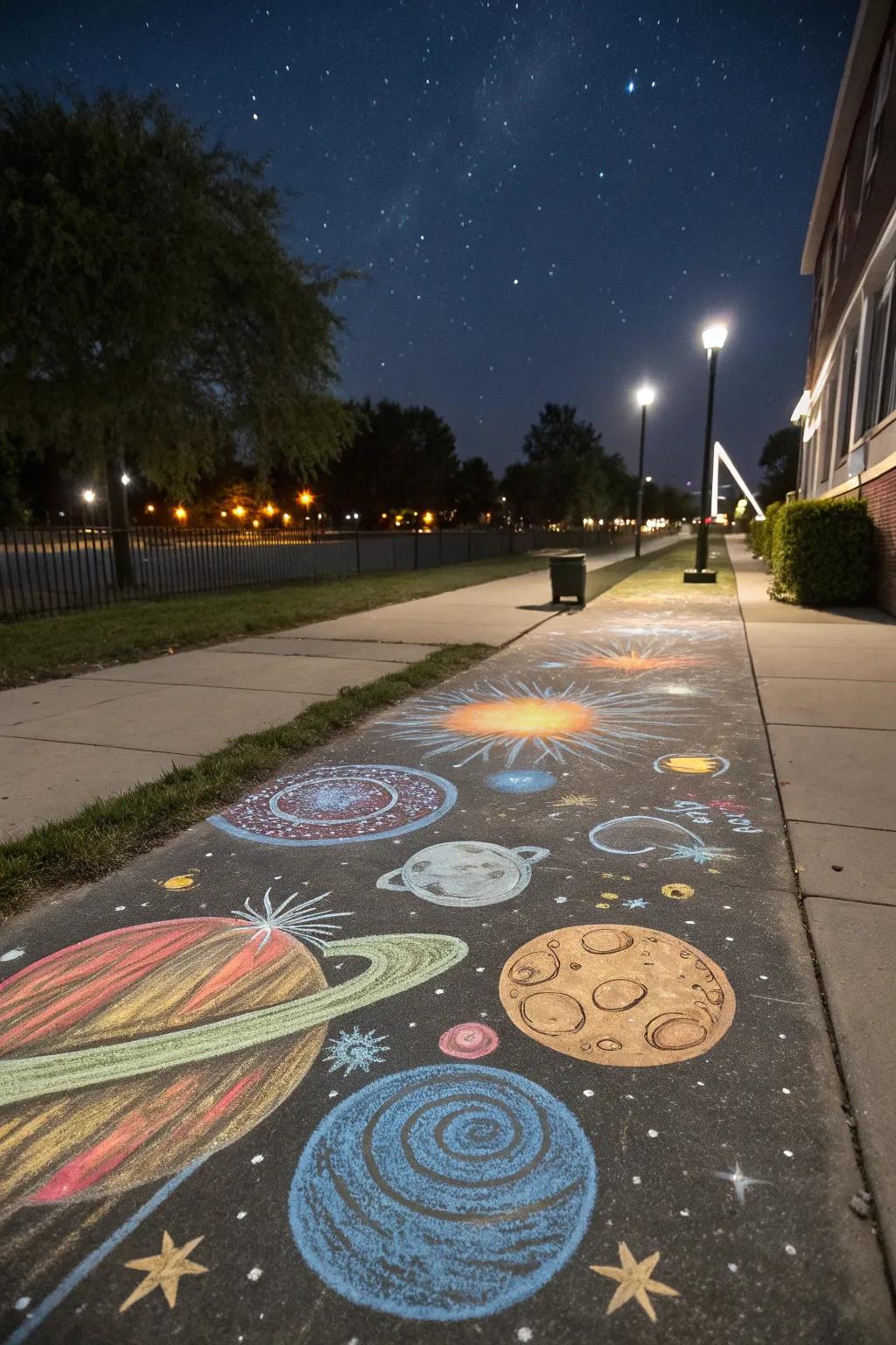 A chalk galaxy turns the sidewalk into an otherworldly exploration.