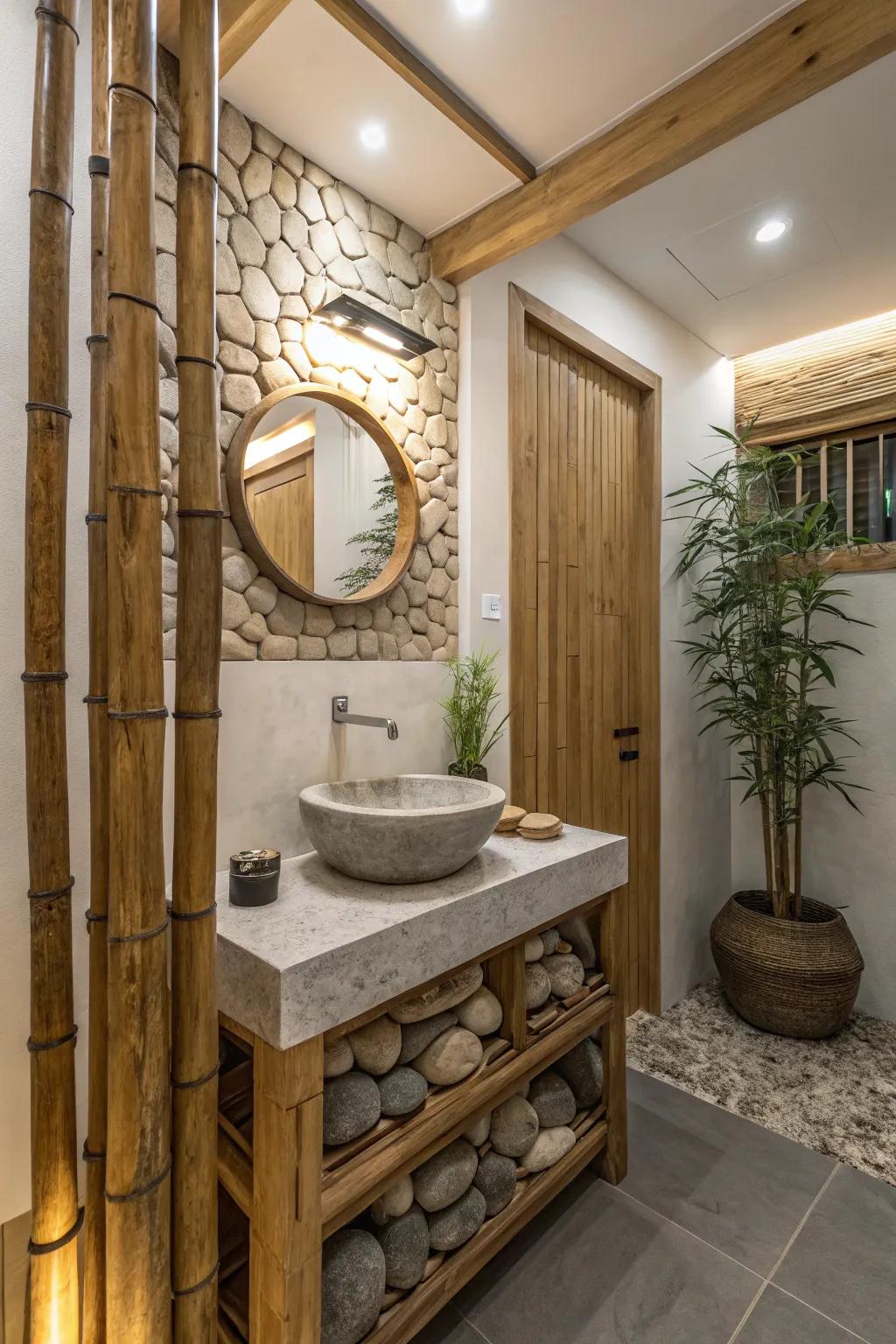 Natural materials make a peaceful and balanced bathroom setting.