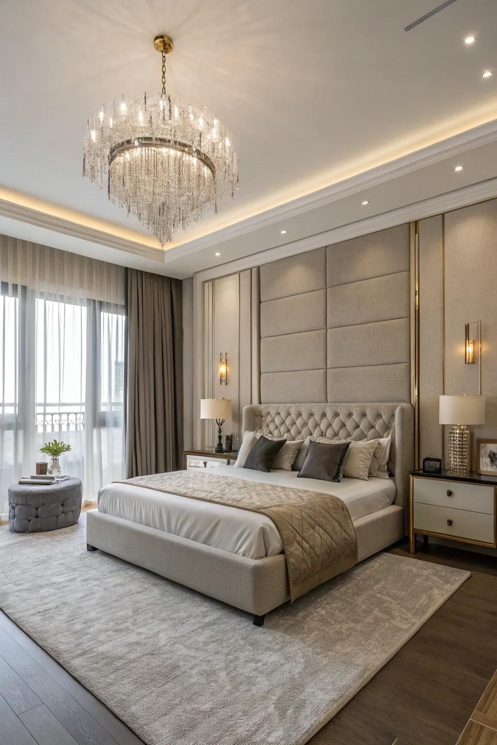 A modern bedroom with sleek furniture and an elegant chandelier.