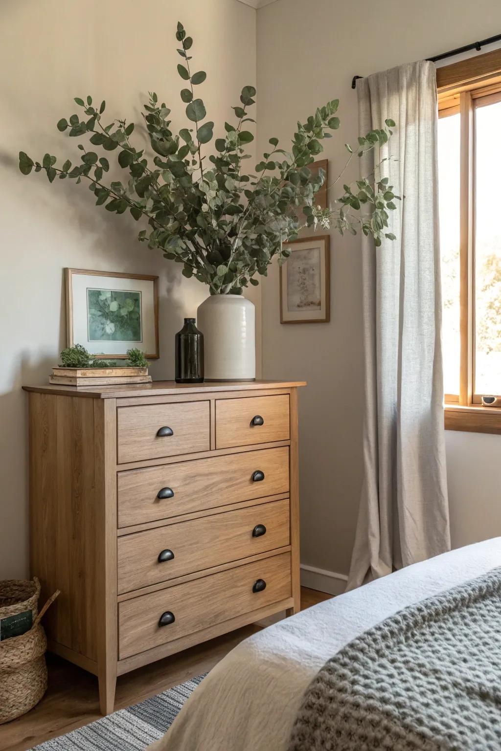 Eucalyptus displayed in a vase breathes life and freshness into the dresser setting.