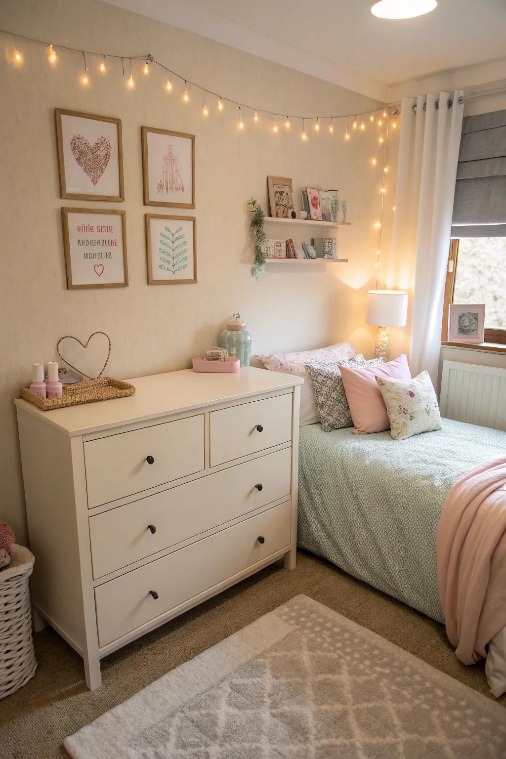 A bright-hued dresser that enhances the airy ambiance of a small bedroom.